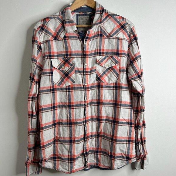 Vtg Guess Button Up Pearl Snap Shirt Mens L Red Navy Plaid Western Linen Slim - Picture 1 of 9